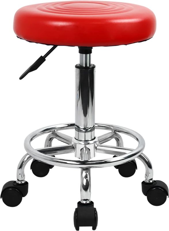 Photo 1 of KKTONER PU Leather Modern Round Rolling Stool with Footrest Height Adjustable Spa Drafting Salon Tattoo Work Massage Stools Task Chair Small (red