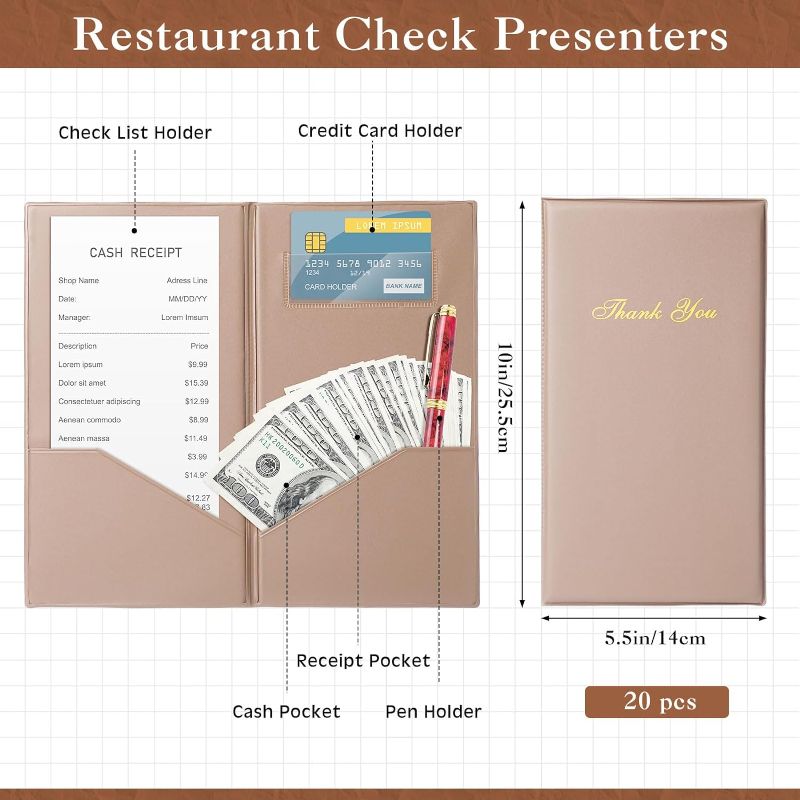 Photo 1 of 20 Pcs Restaurant Check Presenters Guest Check Card Holder with Gold Thank You Imprint Khaki Restaurant Bill Holder, Check Presenters for Restaurants, Servers, Bars, Hotels, Waiter, Waitress