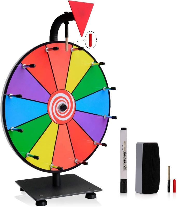 Photo 1 of 18" Tabletop Spinning Prize Wheel 12 Slots with Heavy Duty Plastic Base, Dry Erase Markers and Eraser for Fortune Spin Game in Party Pub Trade Show Carnival