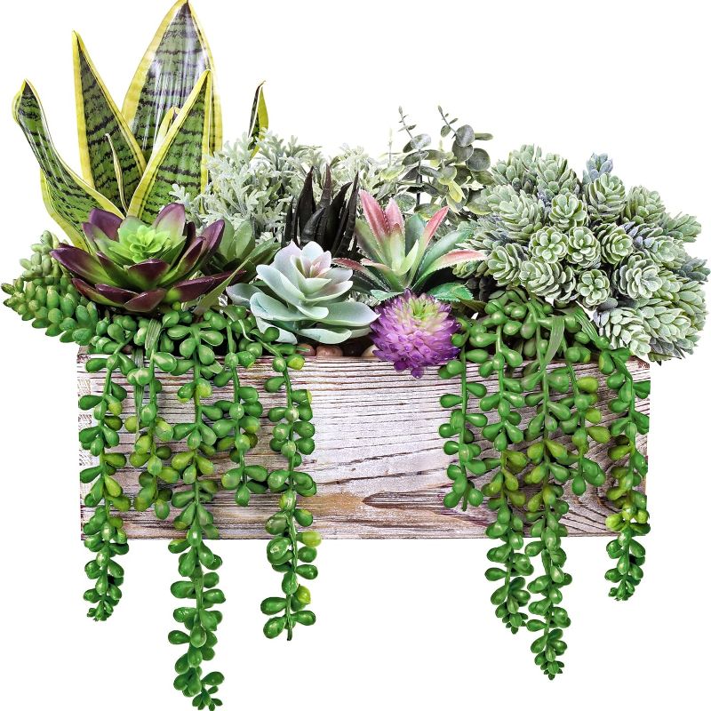 Photo 1 of 14 Pcs Assorted Artificial Succulents Fake Plants in Rectangular Wooden Pots Artificial Potted Succulents Plants Arrangement for Table Centerpiece Windowsill Shelf Mantel Tropical Greenery Decor 