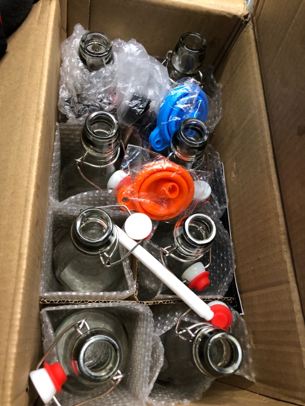 Photo 1 of 8 Pack [1 Liter / 33 fl. oz.] Swing Top Glass Bottles w/ Airtight Stopper Lids – Flip Top Brewing Bottle for Fermentation, Kombucha, Mead, Vinegar, Beer, Kefir, Wine – With 8 Extra Seals & 2 Pourers
