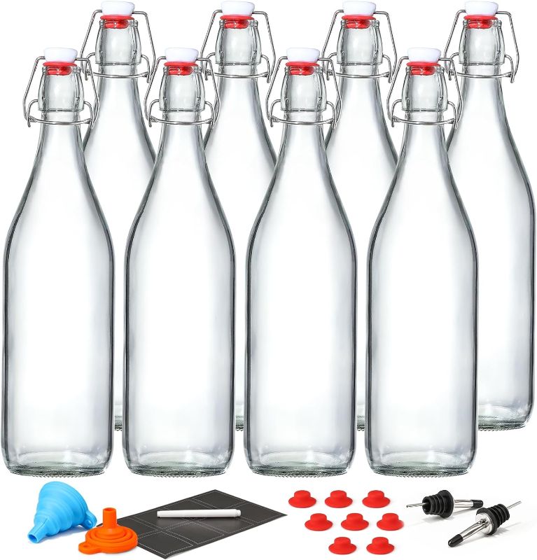Photo 1 of 8 Pack [1 Liter / 33 fl. oz.] Swing Top Glass Bottles w/ Airtight Stopper Lids – Flip Top Brewing Bottle for Fermentation, Kombucha, Mead, Vinegar, Beer, Kefir, Wine – With 8 Extra Seals & 2 Pourers
