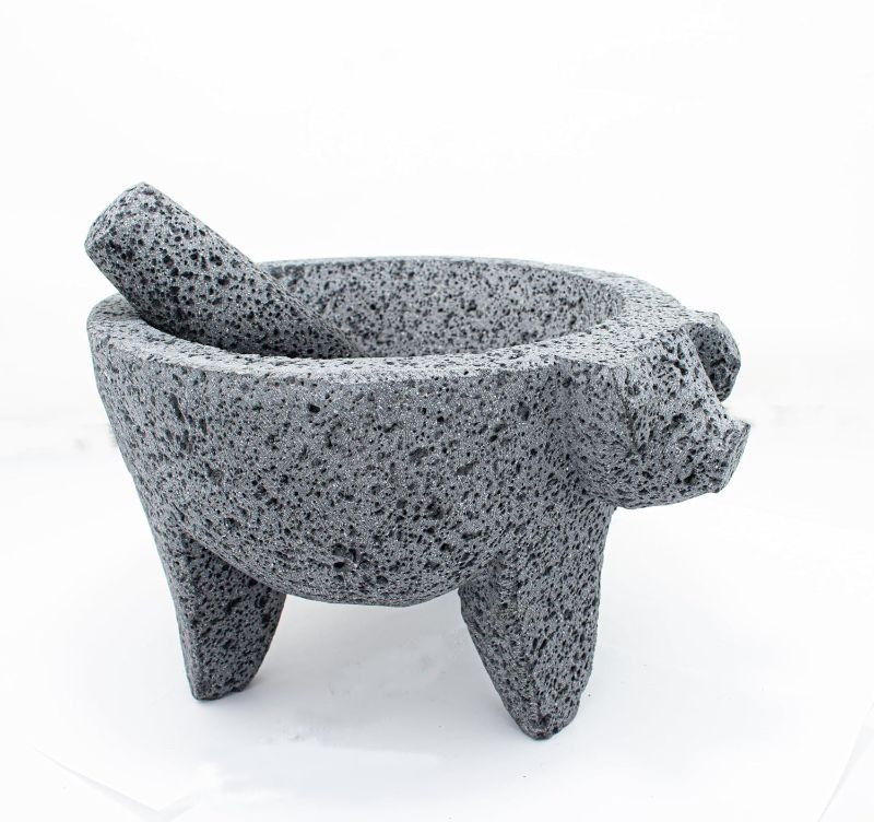 Photo 1 of 9 inch Molcajete Mortar and Pestle with Pig Design, Mexican Handmade with Lava Stone Ideal as Herb Bowl, Spice Grinder, Volcanic Stone
