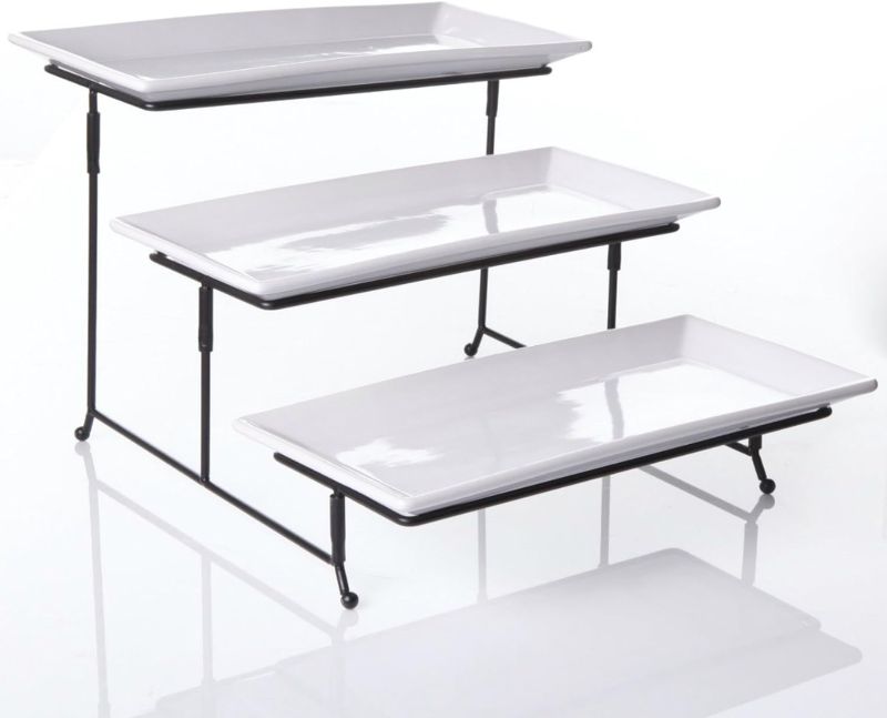 Photo 1 of 3 Tier Swiveling Plate Rack Stand Including Three 12x6 Pro-Grade Porcelain Platters for Presentations of Any Kind – Thicker Sturdier Collapsible Stand and Stackable Platters
