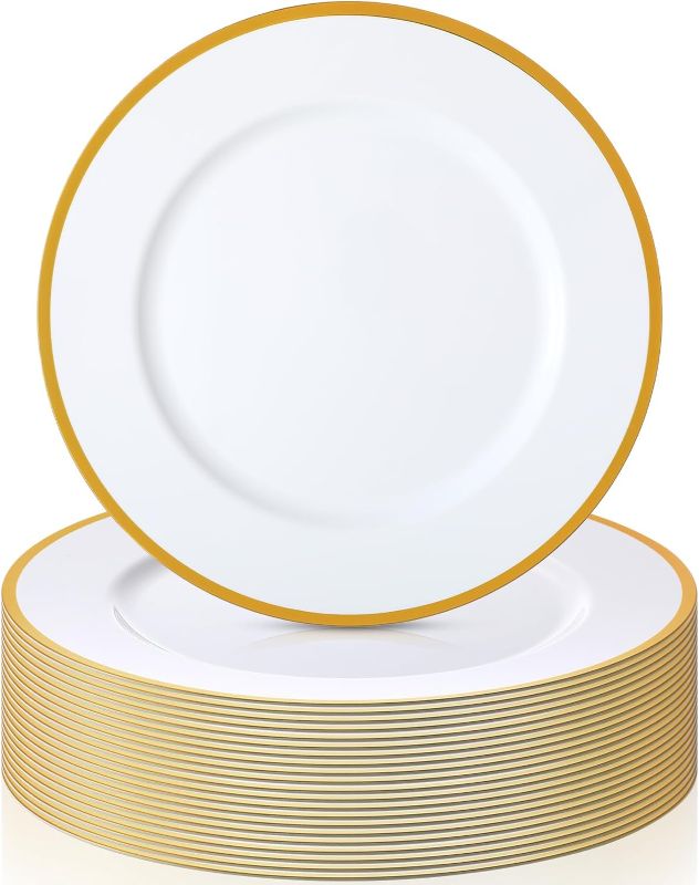 Photo 1 of 24 Pack White Charger Plates Bulk 13 Inch Round Dinner Charger with Gold Rim Plastic Chargers Service Plates Dinner Tabletop Decoration Plates for Party Banquet Wedding Kitchen Formal Events
