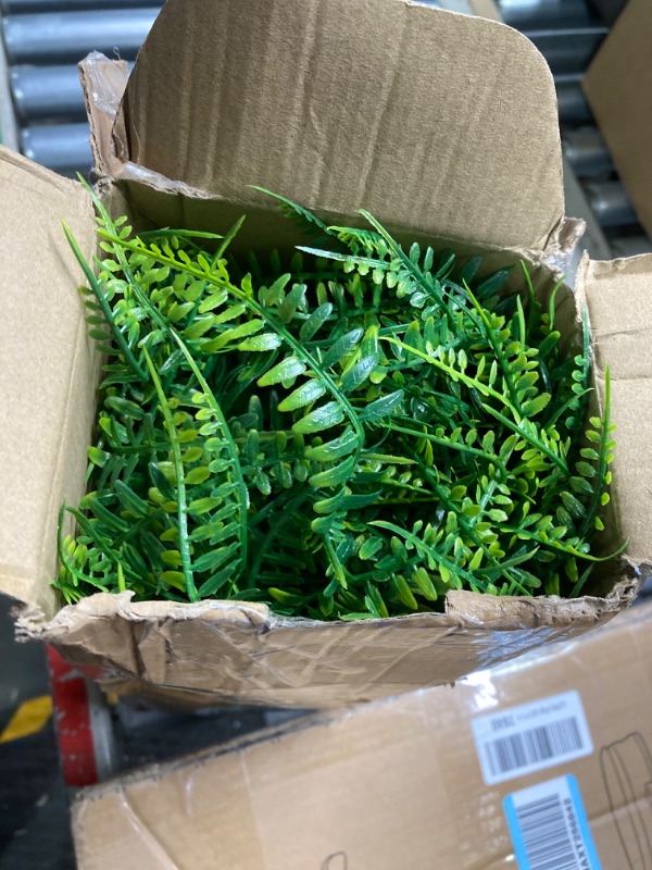 Photo 1 of 24 Pcs Artificial Boston Fern Outdoors, UV Resistant Faux Artificial Plants Shrubs Outdoor Plastic Plants Bulk for Hanging Planter Porch Window Home Decor (24, Green)