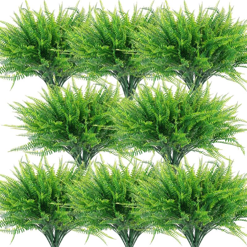 Photo 1 of 24 Pcs Artificial Boston Fern Outdoors, UV Resistant Faux Artificial Plants Shrubs Outdoor Plastic Plants Bulk for Hanging Planter Porch Window Home Decor (24, Green)