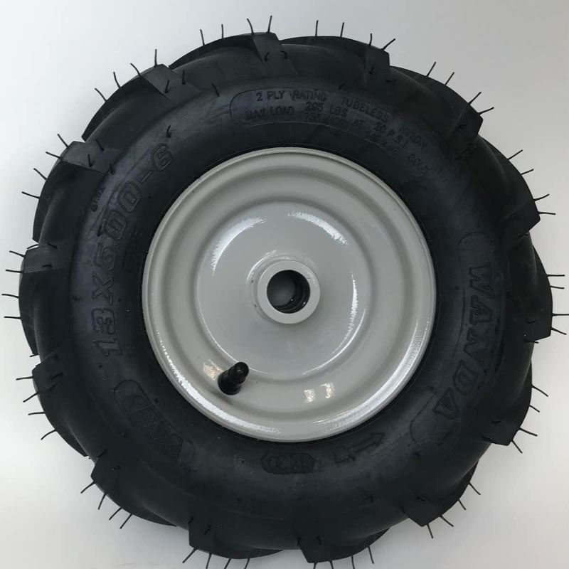 Photo 1 of 13x5.00-6 Tractor Tread Tire & Rim with 1 Inch Hub - Troy-Bilt Tiller Replacement Wheel (set of 2 )