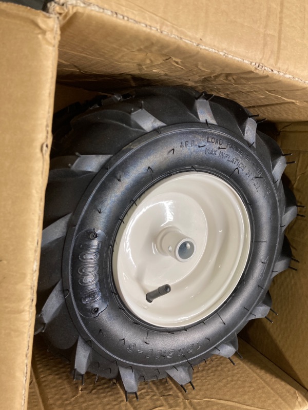 Photo 1 of 13x5.00-6 Tractor Tread Tire & Rim with 1 Inch Hub - Troy-Bilt Tiller Replacement Wheel (set of 2 )