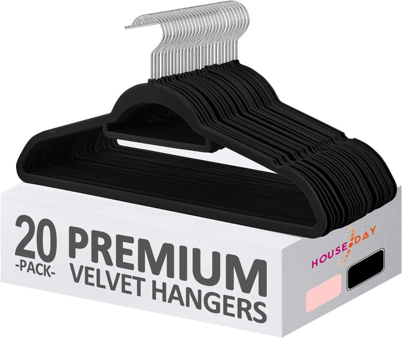 Photo 1 of HOUSE DAY Velvet Hangers with Tie Bar 20 Pack Black, Clothes Hangers Non-Slip, Space Saving Felt Hangers for Pants, Coat, Suits, Shirt, Scarf, No Hanger Marks