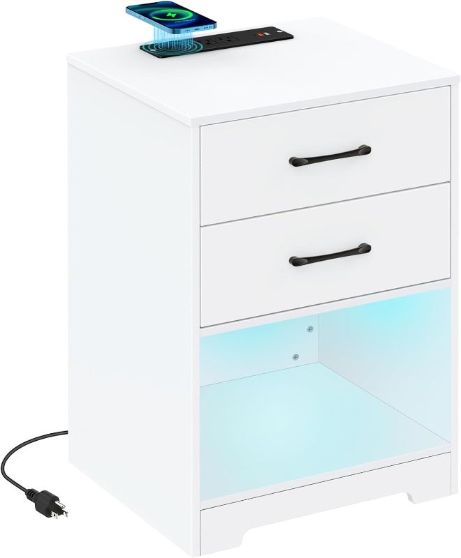 Photo 1 of *Different Color* Nightstand with Wireless Charging Station and LED Light Strips,End Table with USB Ports and Outlets, Modern End Side Table with 2 Drawers and Open Compartment for Bedroom (Black)