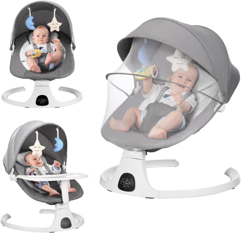 Photo 1 of Baby Swing Cradle, Bluetooth Infant Swing with Baby's Magic Sleep, Detachable Dining Plate, 3 Recline Positions, 5 Speed Levels, 10 Lullabies, Baby Swing for 0-12 Months