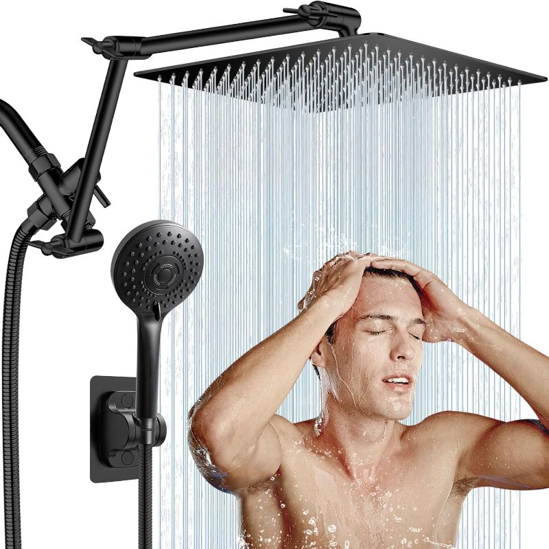 Photo 1 of 12'' Rain Shower Head with Handheld Spray, Black Shower Head High Pressure with 16'' Flexible Adjustment of Height/Angle Upgraded Extension Arm and 5 Setting Handheld Shower Head with Hose, Anti-leak