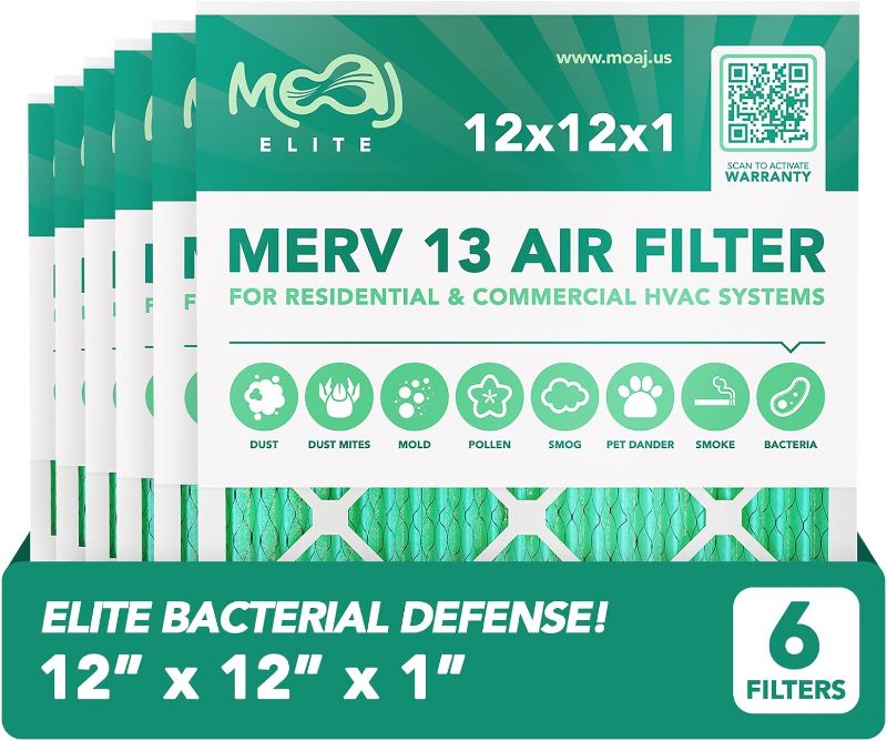 Photo 1 of 12x12x1 Air Filter (4-PACK) | MERV 13 | MOAJ Elite Bacterial & Viral Defense | BASED IN USA | Pleated Replacement Air Filters for AC & Furnace Applications | Actual Dimensions: 11.70” x 11.70” x 0.75”