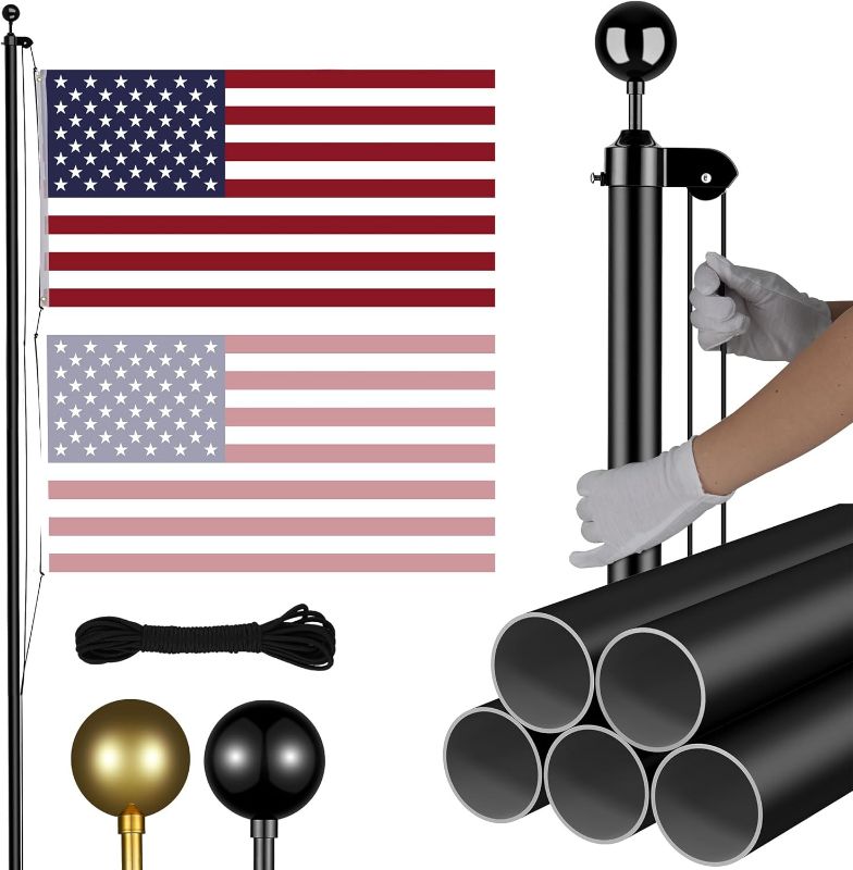 Photo 1 of 20 FT Sectional Flag Pole for Outside Inground, Heavy Duty Aluminum Flag Poles with 3'x 5' American Flag & Golden Ball Topper, Flag Pole Kit for Yard, Residential and Commercial