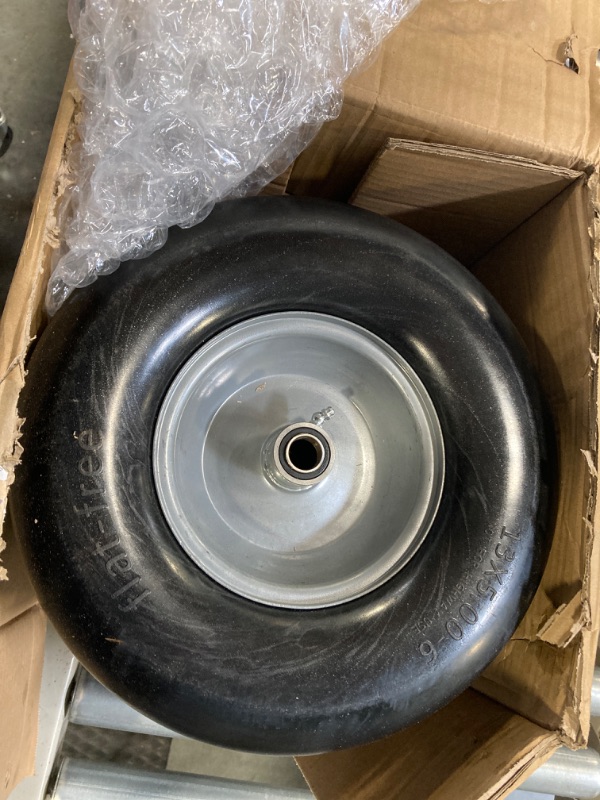 Photo 1 of 13x5.00-6 flat free tire and wheel,Front Zero-Turn Smooth Tire Assembly Replacement for Riding Lawn Mower Garden Tractor,with 3/4" &1/2" & 5/8" Precision bearings,3.25"- 5.9" Center Hub (2 Pack)