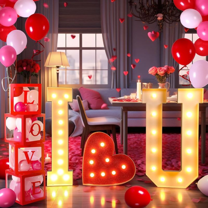 Photo 1 of 4 ft Light up Mosaic LED Love Theme Letters Set with Balloon Boxes, Marquee I Love U Heart Shape Letter Balloon Frame with Light Bulb Strings for Valentine's Day Anniversary Party Decoration