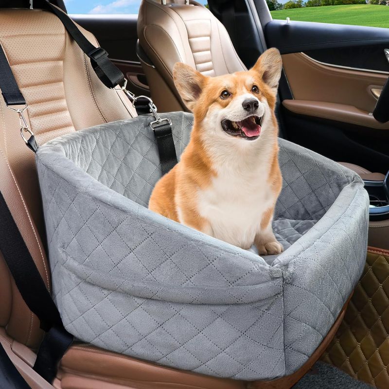 Photo 1 of Dog Car Seat for Small Dogs,Detachable Washable Dog Booster Seat for Medium Dogs Under 35lbs, Pet Car Seat Travel Bed with Storage Pockets and Dog Safety Belt (Grey)
