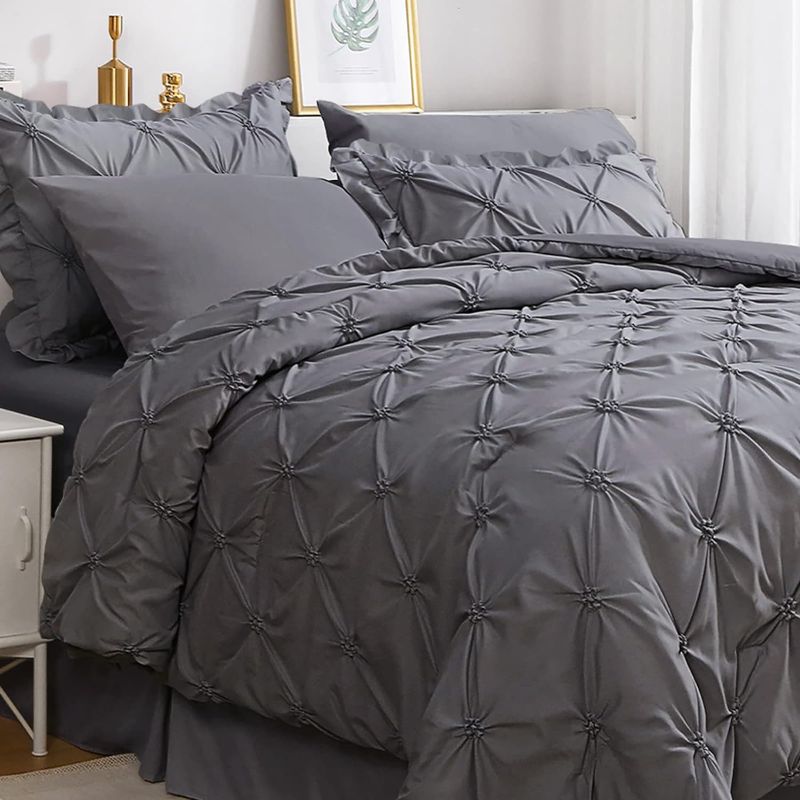 Photo 1 of *****color is different*****  JOLLYVOGUE 8 Pieces King Size Dark Grey Comforter Set with Comforters, Sheets, Bed Skirt, Ruffled Pillow Shams and Pillowcases, King Size