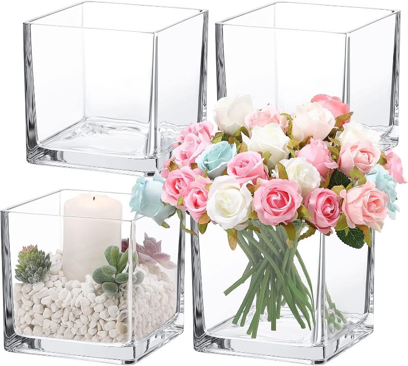Photo 1 of 4 Pieces Cube Glass Vase Square Glass Cube Vase 6 x 6 x 6 Inch Clear Decorative Glass Cubes Clear Elegant Floral Accent Container Floating Candle Holders for Flower Planter Wedding Centerpieces
