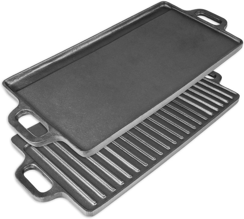 Photo 1 of **Minor Damage**ProSource 2-in-1 Reversible 19.5” x 9” Cast Iron Griddle with Handles, Preseasoned & Non-Stick for Gas Stovetop, Oven, and Open Fire.
