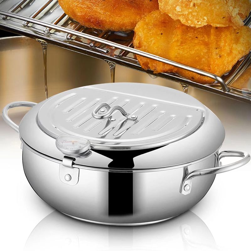 Photo 1 of **USED** Deep Fryer Pot - Japanese Tempura Small Deep Fryer Stainless Steel Frying Pot With Thermometer,Lid And Oil Drip Drainer Rack for French Fries Shrimp Chicken Wings and Shrimp (28cm/11inch)