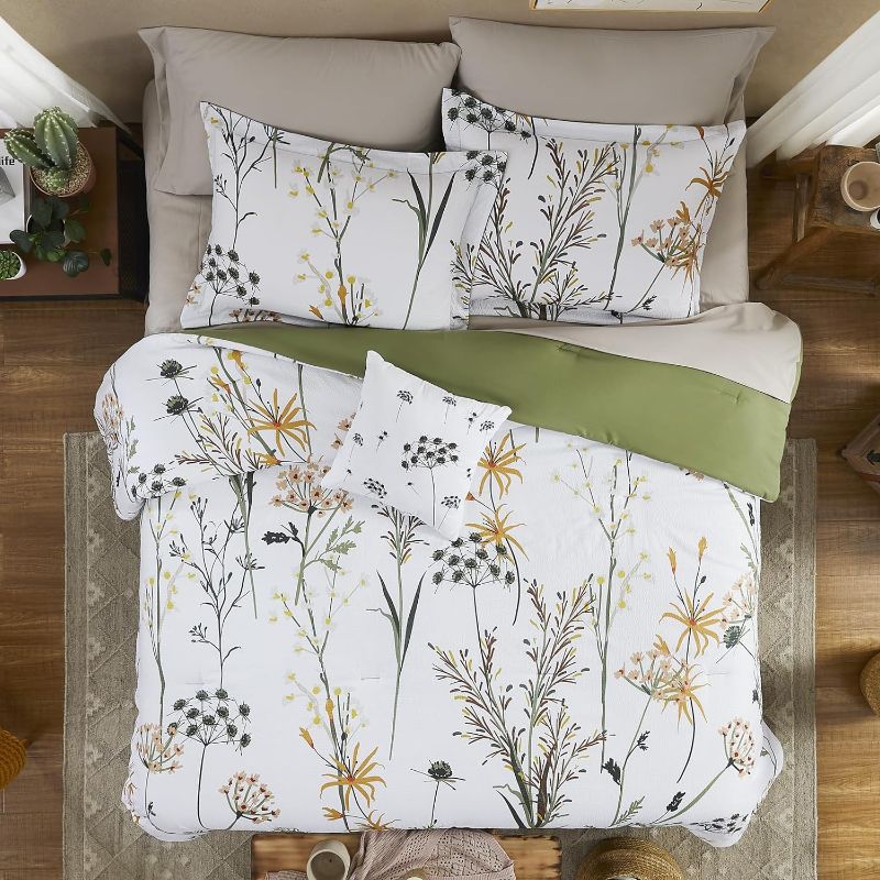 Photo 1 of *New Open*CASAAGUSTO King Comforter Set 8 PCS White & Green Dandelion Plant Comforter Set with Flowers Leaves Pattern Soft Seersucker Design All Season Microfiber Bedding Set with Decor Pillow (102"X90")
