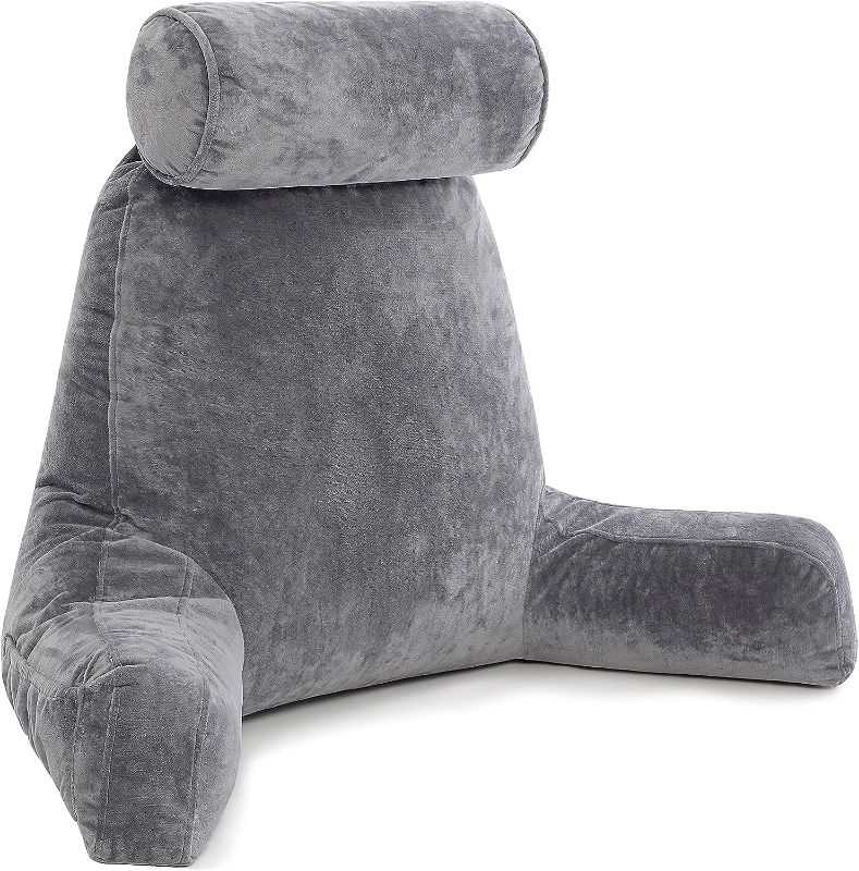 Photo 1 of **New Open**Husband Pillow XXL Dark Grey Backrest with Arms - Adult Reading Pillow Shredded Memory Foam, Ultra-Comfy Removable Microplush Cover & Detachable Neck Roll, Unmatched Support Bed Rest Sit Up Pillow
