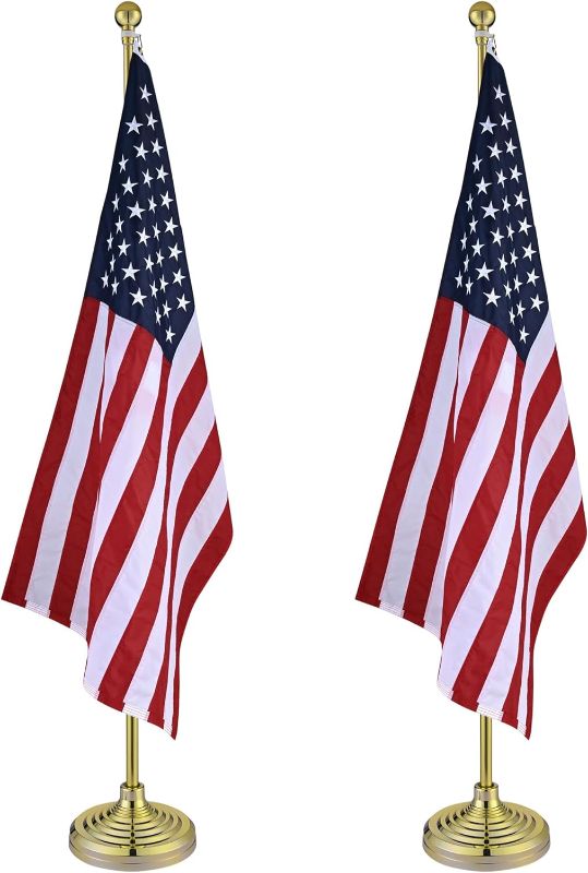 Photo 1 of Yescom 2 Pack 8FT Telescoping Indoor Flag Pole Kit Aluminum Gold Pole Ball Topper with 3x5Ft US Flag & Embroidered Stars& Base Stand Office School City Hall
