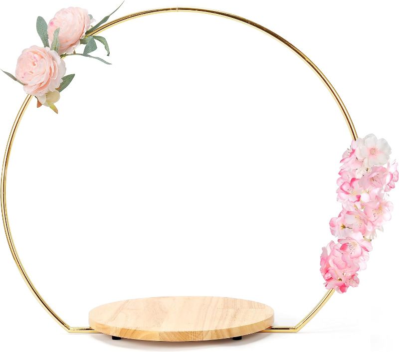 Photo 1 of **Missing Bits** Gold 20 Inch Metal Cake Stand with Wood Stand, Gold Tabletop Arch Metal Floral Hoop Centerpiece for Table, Cake Display Stand for Wedding Party Events Reception Decorations