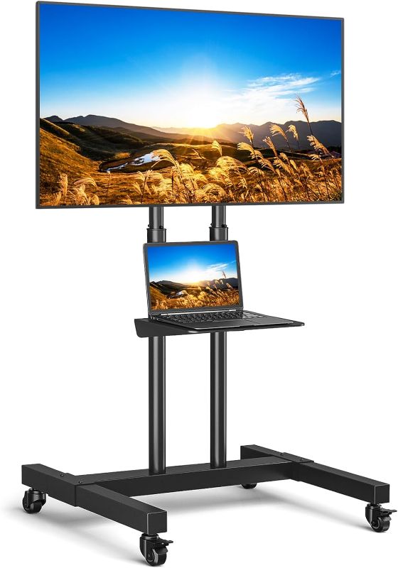 Photo 1 of Mobile TV Cart for 32-75 Inch Screens up to 110 lbs, Height Adjustable Rolling TV Stand with Locking Wheels and Metal Shelf, Portable Outdoor Floor TV Stand Movable Monitor Holder for Home Office
