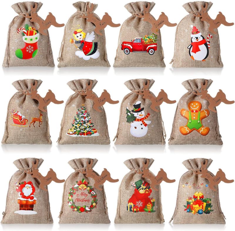 Photo 1 of 24 Pieces Christmas Burlap Gift /Treat Bags with Drawstrings Small Goody Bags for Xmas Holiday New Year Party Favors Supplies, 12 Designs (Delicate Style, 7 x 5 Inch) 24 Count (Pack of 1) Rustic Style