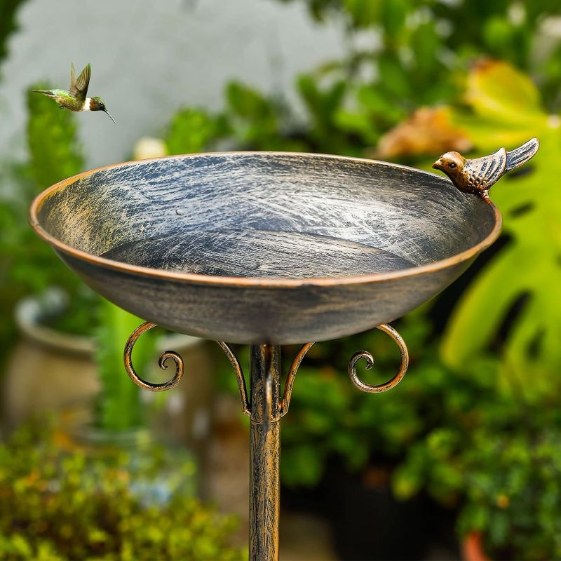 Photo 1 of 11.4" W*27.6" H Cast Iron Pedestal Bird Baths for Outdoors, Vintage Metal Bird Bath Bowl, Bird Feeder Or Drinker Plate, Home Garden Lawn Yard Decorations
