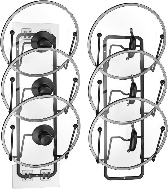 Photo 1 of 2 Pack Pot Lid Organizer Rack, 6 Tier Pot Lids Holder for Cabinet Door/Wall Mount, Reusable Pot Lid Rack Holder for Kitchen Storage with No Drilling Adhesive (Black)
