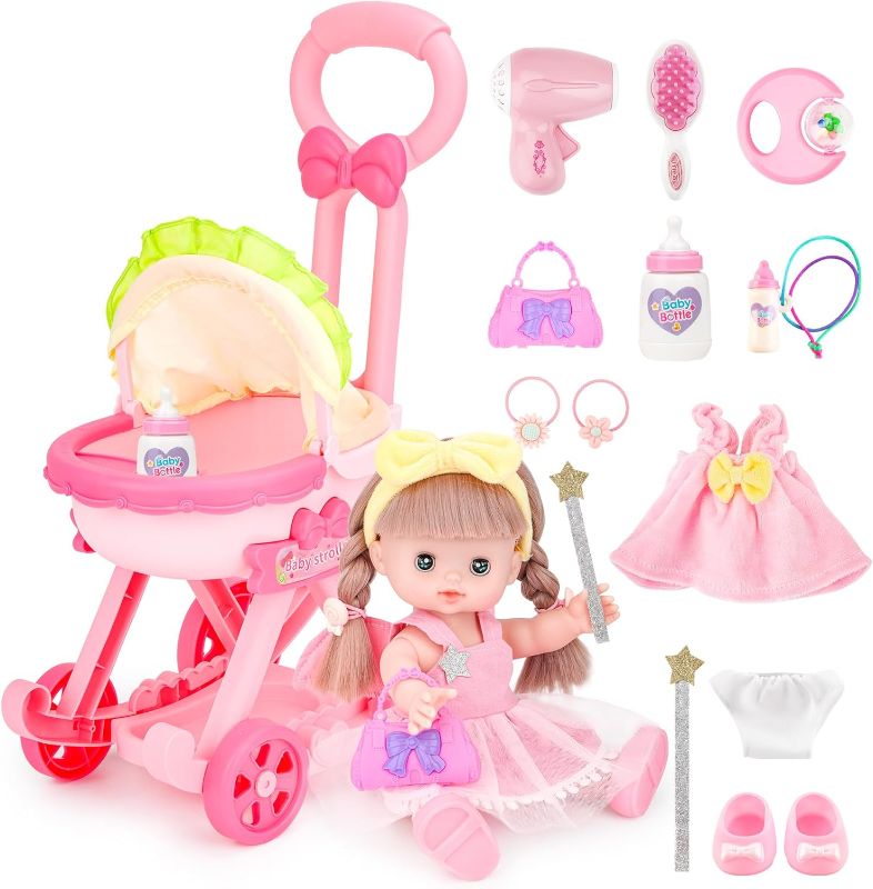 Photo 1 of deAO Baby Doll Stroller with 12 inch Doll,12" Baby Doll Role Play Set with Foldable Doll Stroller,16 PCS Baby Doll Accessories,Doll Nursery Play Set for 3 4 5 6 Girls Kids