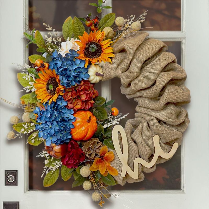 Photo 1 of 22 inch Valentine Spring Wreaths for Front Door, Sunflower Wreath, Pumpkin Blue Flower Burlap Hi Wreath for Holiday Farmhouse Indoor Outdoor Outside