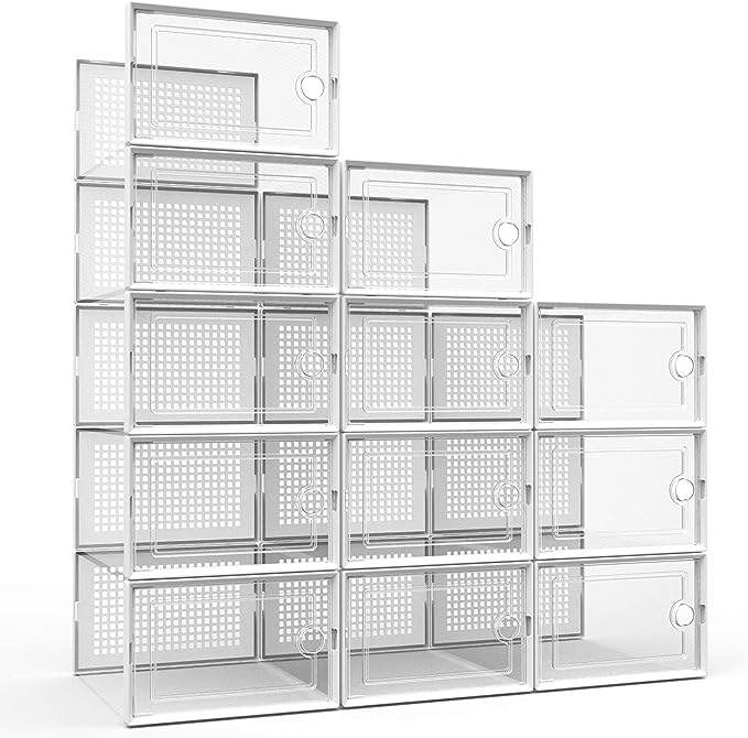 Photo 1 of **USED**8 Kuject X-Large Shoe Storage Boxes Organizers for Closet 12 Pack, Clear Plastic Stackable Sneaker Containers/Bins for Entryway, Space Saving Shoe Rack Bin Holder, White