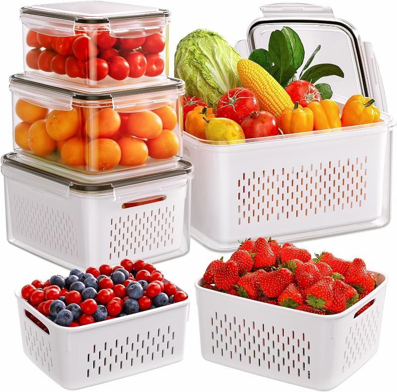 Photo 1 of 4-Pack Fruit Storage Containers for Fridge with Removable Colanders, 4 in 1 Produce Storage Containers with Lid for Salad Berry Lettuce Vegetables Meat Keeper