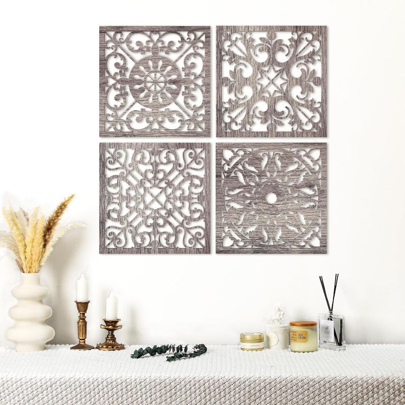 Photo 1 of 4 Pieces Carved Wood Wall Art Thicken Wall Decor Farmhouse Wall Decor for Living Room Wooden Decorative Wood Panels Modern Carved Wall Plaque for Home Kitchen Dining Room Bedroom (Vintage White)