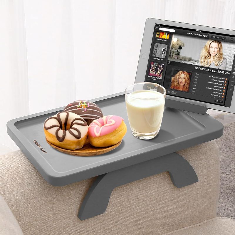 Photo 2 of )Sofa Arm Clip on Tray Table,Bamboo Couch Arm Tray Table for Wide Side Table, Armrest Tray with 360° Phone Holder,Portable Table, TV Table,Sofa Arm Table for Eating and Drink Table