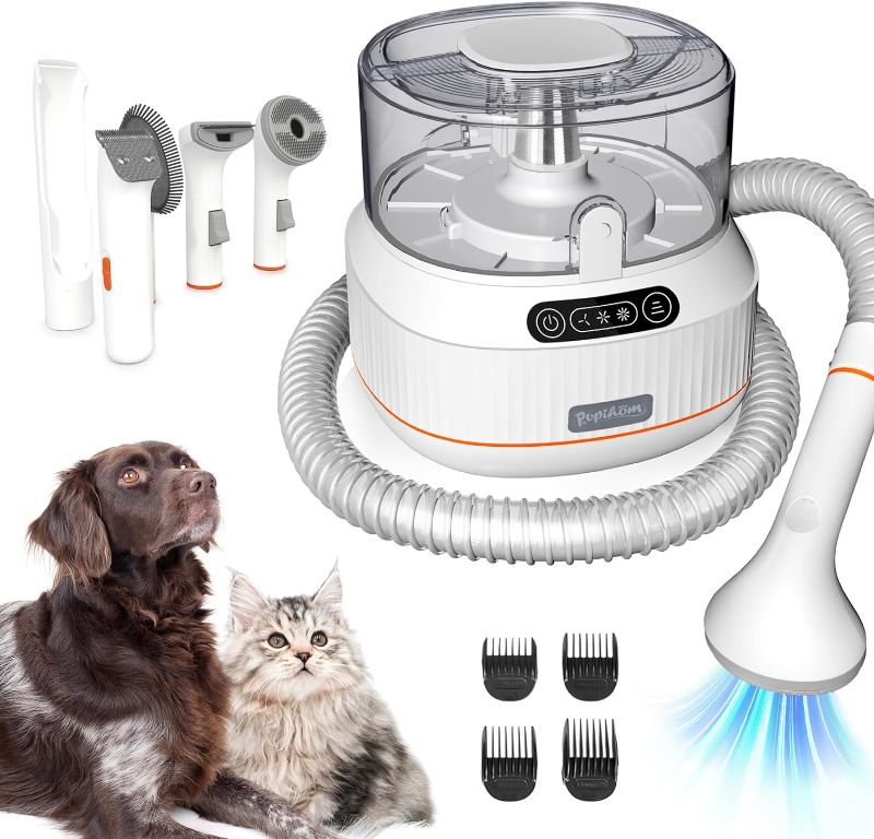 Photo 1 of ** cutting tool broken ** PUPIHOM Pet Grooming Vacuum, 1.5L Pet Hair Vacuum with 5 Grooming Tools, Adjustable 3 Suction Mode 5 in 1 Dog Grooming Kit, Low Noise Dog Hair Vacuum for Shedding Dogs Cats Pets Hair