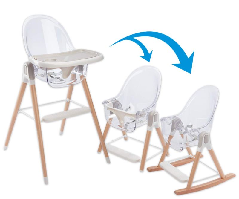 Photo 1 of **USED** Primo Vista 3-in-1 Convertible High, Toddler, & Rocking Chair, Clear, Transparent Seat, Grows with Child, Modern Style, Adjustable Wooden Legs, Easy to Use, Assemble, Safe & Sturdy, 21.5 x 25 x 40.5"
