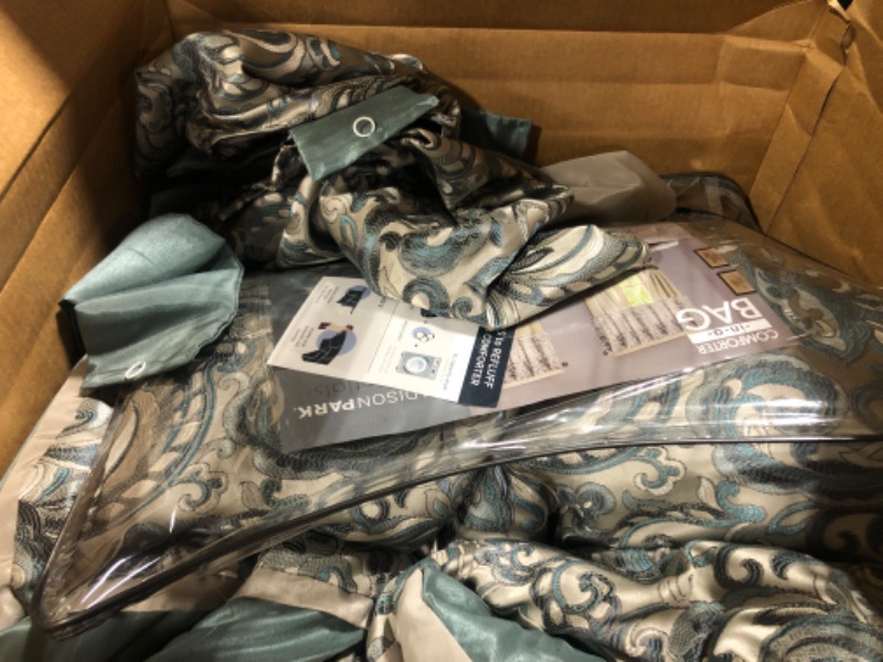 Photo 2 of **New Open**Madison Park Essentials Brystol 24 Piece Room in a Bag Faux Silk Comforter Jacquard Paisley Design Matching Curtains Down Alternative Hypoallergenic All Season Bedding-Set, King (104 in x 92 in), Teal Teal King (104 in x 92 in)