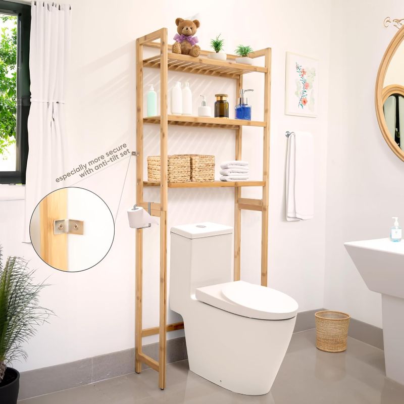 Photo 1 of **New Open**Bamboo Over The Toilet Storage - Behind Toilet Bathroom Organizer, 3-Tier Above Toilet Shelf with Anti-Tilt Kits, Paper Holder, Great for Laundry, Restroom Organizer, Balcony
