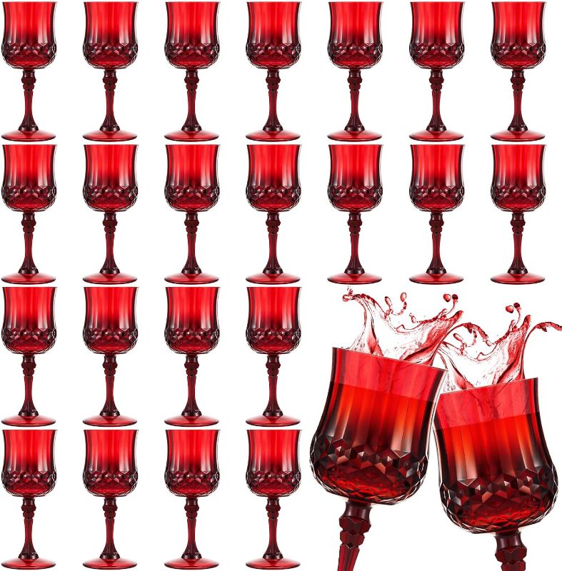 Photo 1 of **New Open/Partial Set**24 Pcs Patterned Plastic Wine Glasses Colorful Goblet Champagne Flutes Glasses Vintage Style Dishwasher Safe Drinking Glasses for Wedding, Reception, Grand Event Party Supplies (Red)