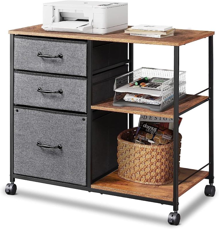 Photo 1 of **New open**DEVAISE 3 Drawer Mobile File Cabinet, Rolling Printer Stand with Open Storage Shelf, Fabric Lateral Filing Cabinet fits A4 or Letter Size for Home Office, Rustic Brown
