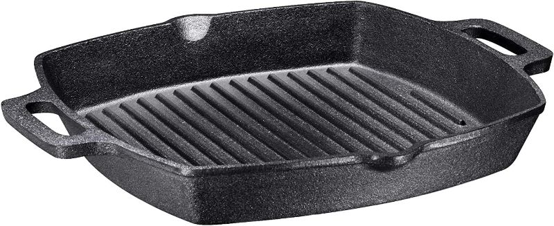 Photo 1 of 13 Inch Square Cast Iron Grill Pan. Pre-seasoned Grill Pan with Easy Grease Drain Spout, with Large Loop Handles