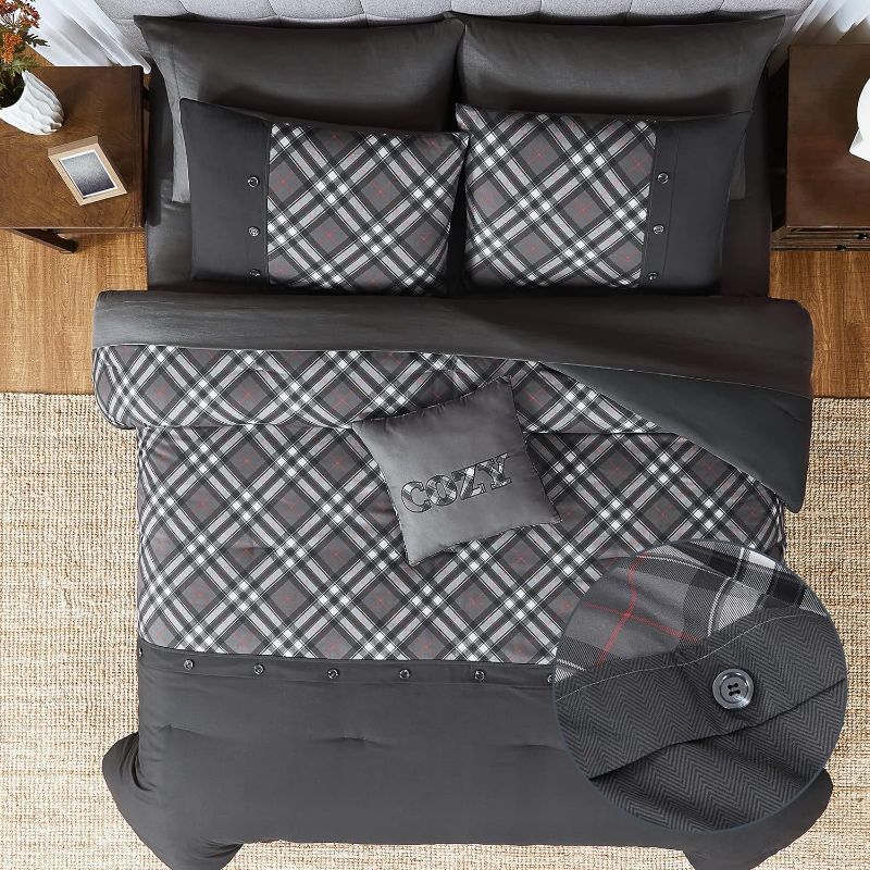 Photo 1 of **new open**WRENSONGE Plaid Queen Comforter Set, 8 Pieces Grey Printed and Spliced Plaid Herringbone Bedding Set, Microfiber Soft Farmhouse Comforter Set with Decor Pillow, Lightweight Breathable for All Seasons
