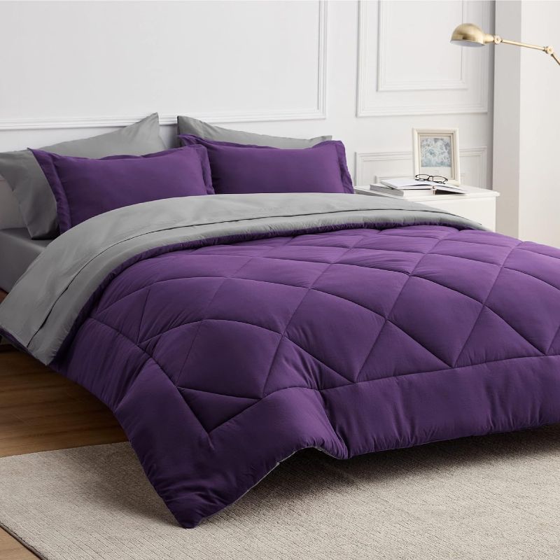 Photo 1 of **new Open**Bedsure Purple Comforter Set Queen - Bed in a Bag Queen 7 Pieces, Pintuck Bedding Sets Purple Bed Set with Comforter, Sheets, Pillowcases & Shams