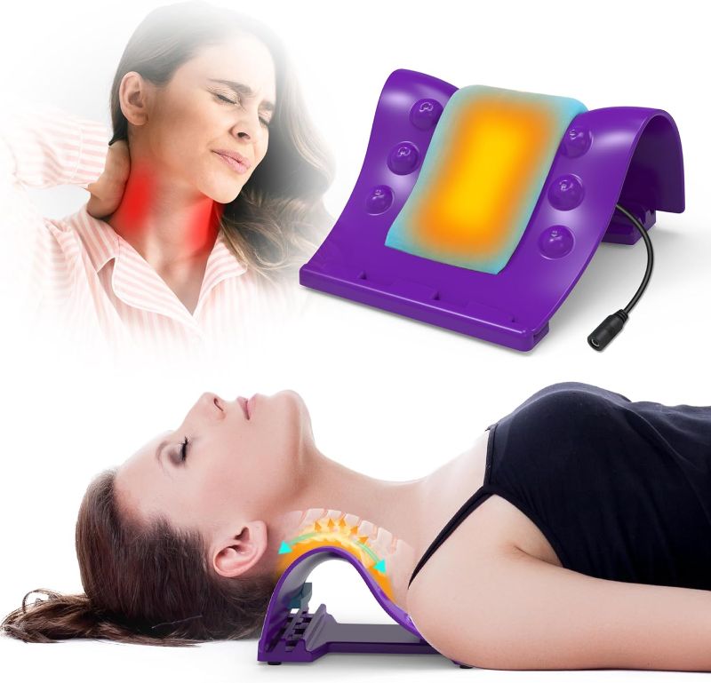 Photo 1 of **Good Used**TEMASH Cervical Traction Device - Heated Neck Stretcher for Instant Neck Pain Relief, Tension Headache Reduction, and TMJ Pain Relief, with Cervical Spine Pillow to Correct Neck Hump(Purple)
